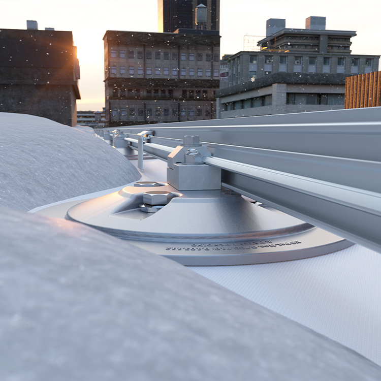 Snow guards for membrane roof shown as rail system